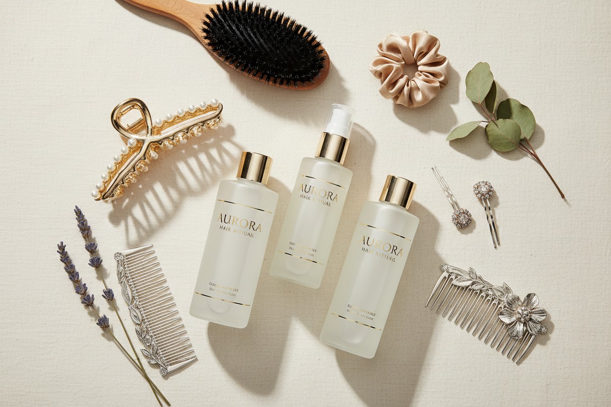 Three frosted glass bottles of Aurora Hair Ritual products are arranged on a light fabric surface surrounded by hair accessories, a wooden brush, and sprigs of lavender and eucalyptus.