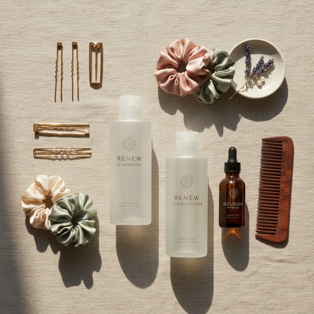 Bottles of shampoo, conditioner, and hair oil are arranged on a textured surface alongside hair accessories, a wooden comb, and a small dish with lavender sprigs.