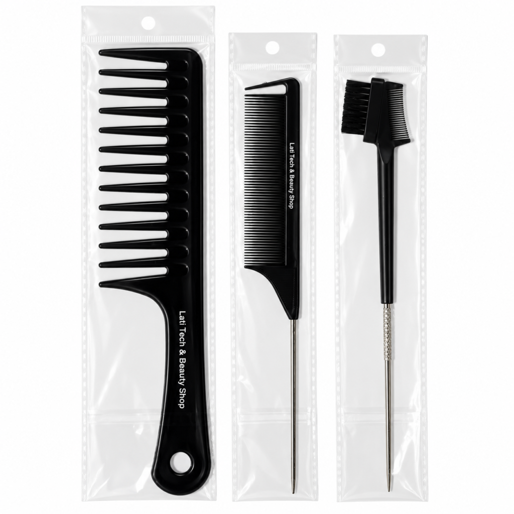 Lati Tech & Beauty Professional 3-Piece Hair Styling Set-wide -Tooth Comb,Rat -Tail Comb and Edge Brush