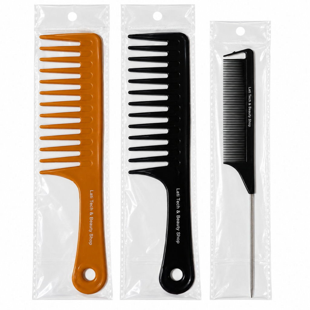 Lati Tech & Beauty Professional 3-Piece Hair Comb Set-Wide -Tooth and Rat -Tail Combs,Black and Brown
